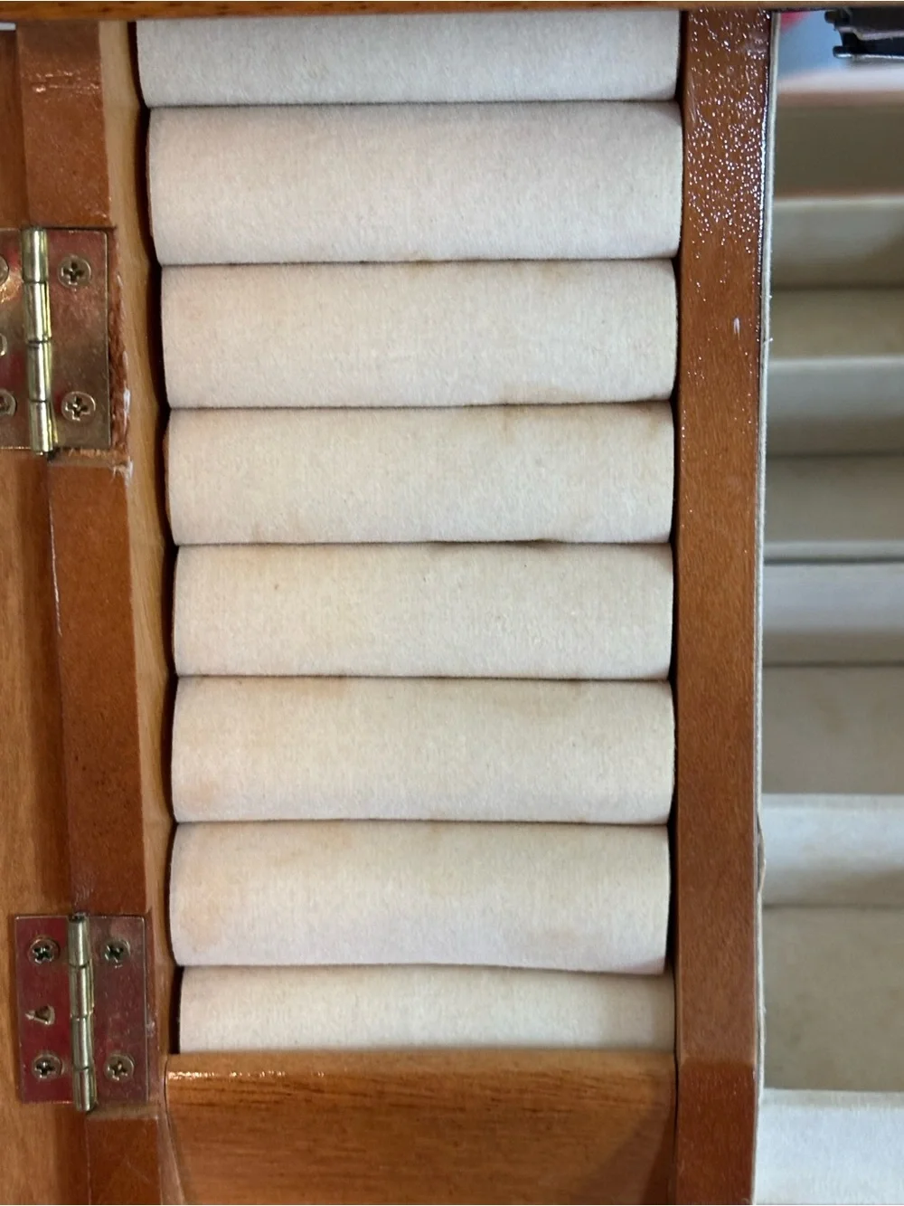 Vintage Wood Etched Glass Doors Jewelry Case Box Chest